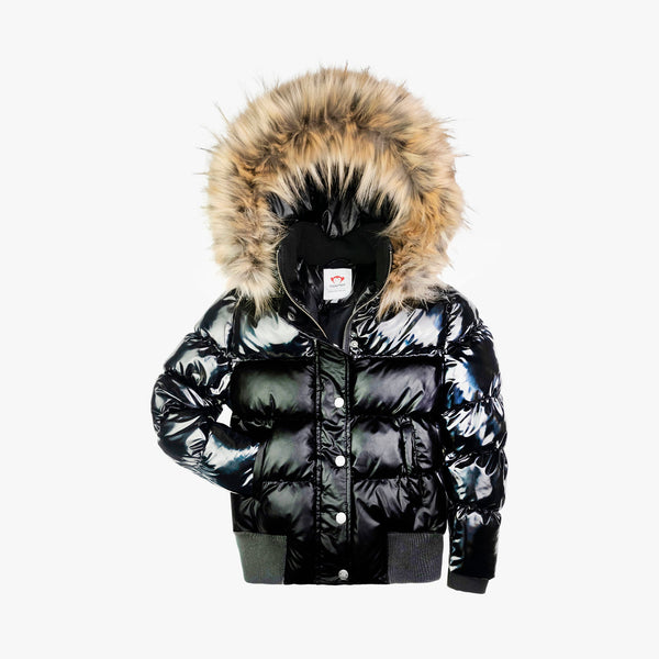 Black puffer coat online with white fur hood