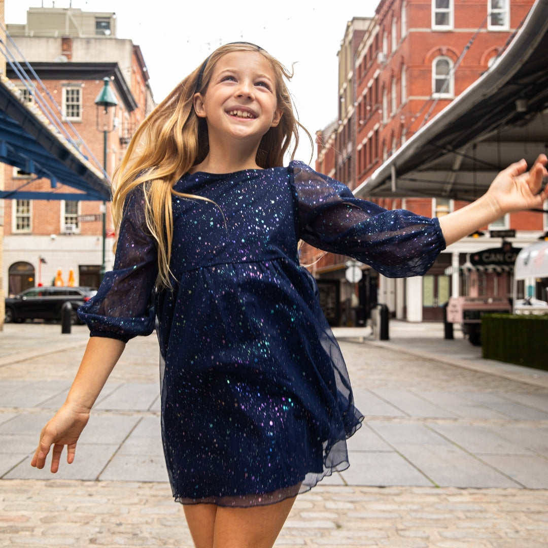 Appaman Best Quality Kids Clothing Web Exclusive Girls Holiday Brooklyn Bow Dress | Navy Blue